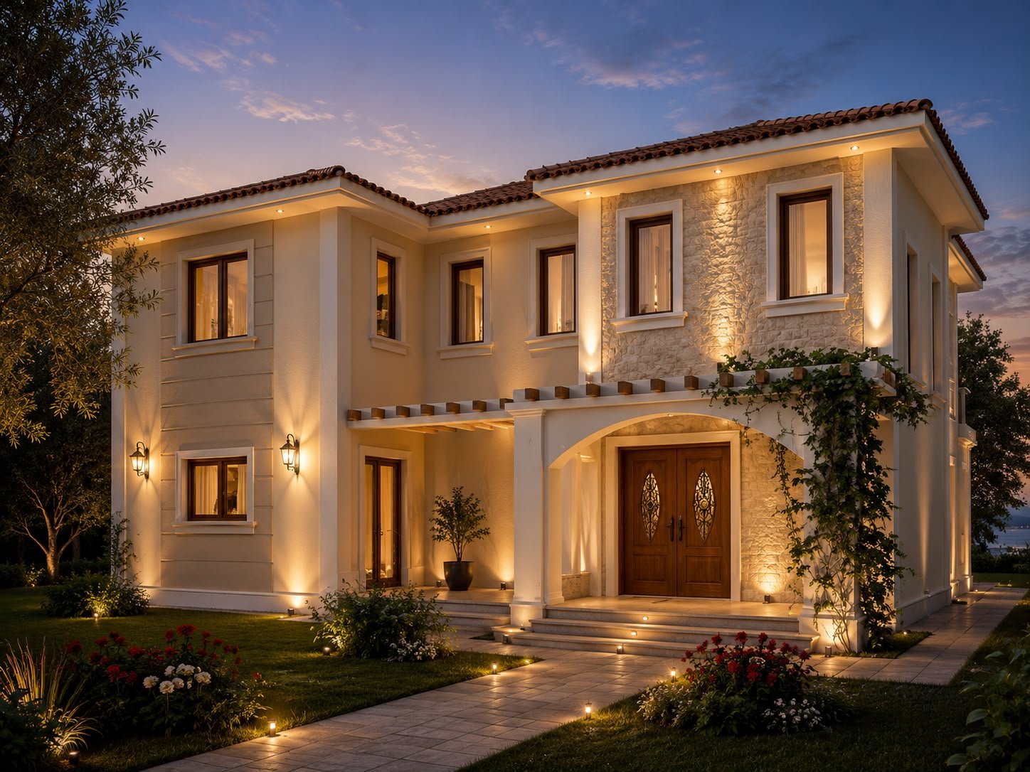 Golden Life Katar Dubai Villa entrance at dusk