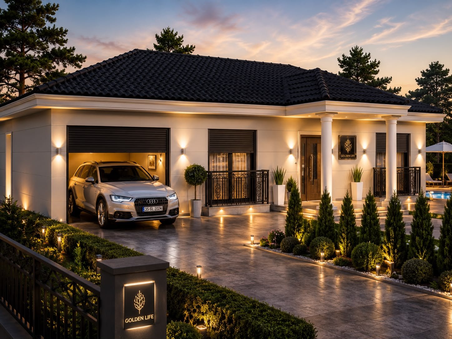 Golden Life Riyan Villa entrance and driveway at dusk